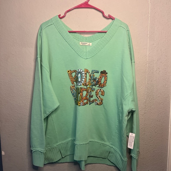 Umgee Sweaters - Umgee Mint V-Neck Sweater with Graphic Design